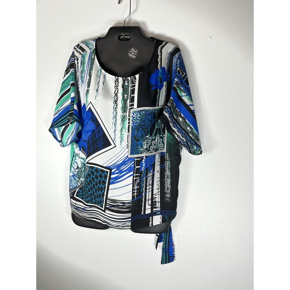 Chico's Blouse Womens 2 L Blue Floral Abstract Side Tie Scoop Neck Tunic Top